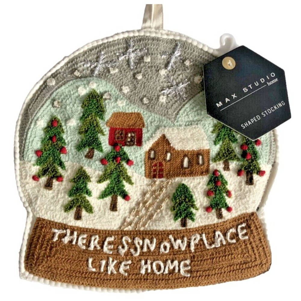 Max Studio Christmas Stocking Village Snow Globe Embroidered Embellished Holiday